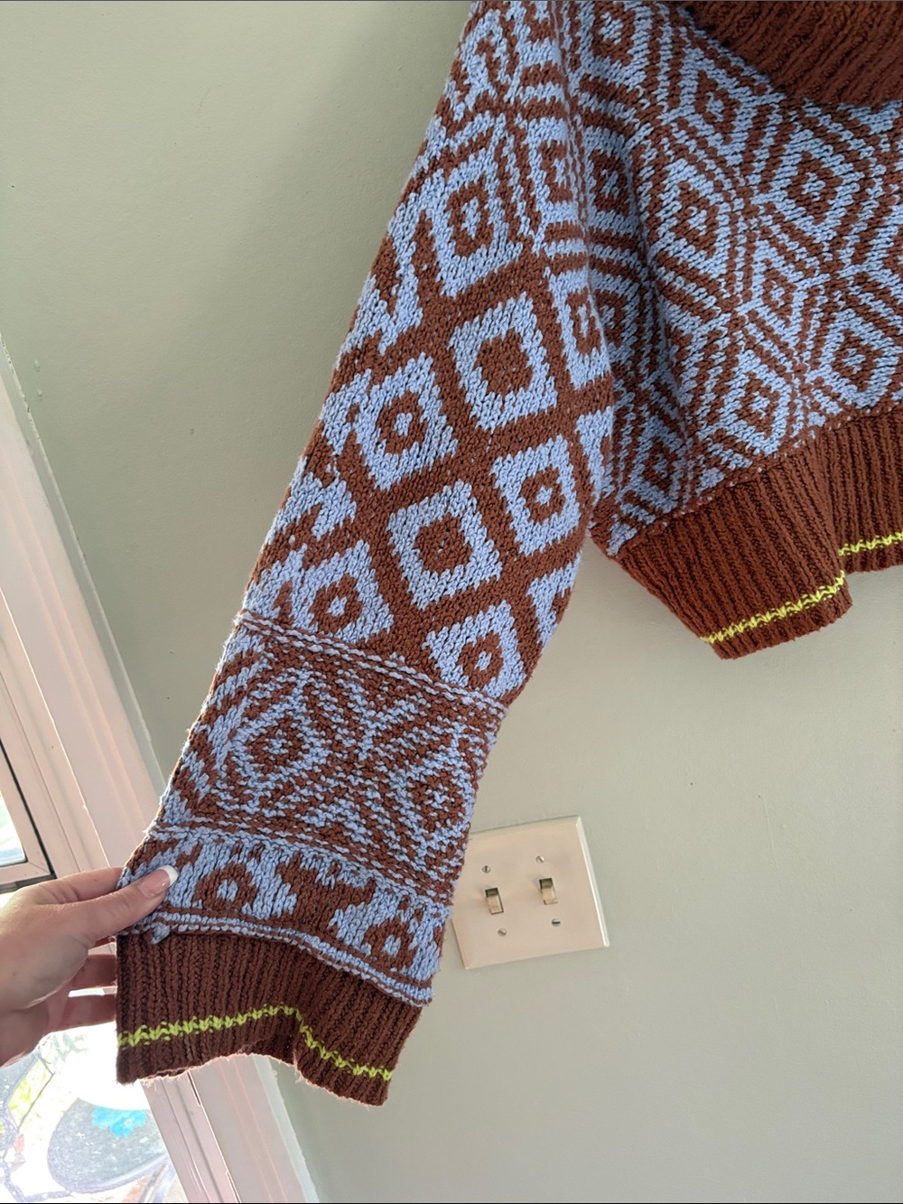 Free People Jupiter Geometric Cowl Neck Sweater — Rust and Light Blue M - Picture 3 of 4